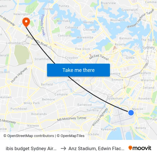 ibis budget Sydney Airport to Anz Stadium, Edwin Flack Av map