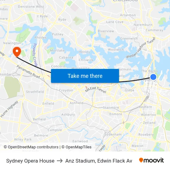 Sydney Opera House to Anz Stadium, Edwin Flack Av map