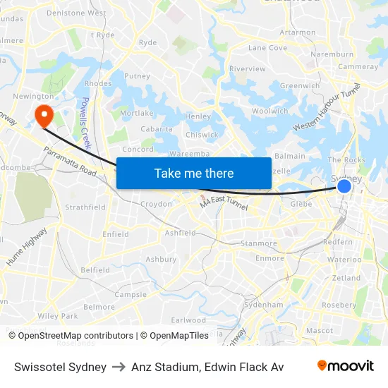 Swissotel Sydney to Anz Stadium, Edwin Flack Av map