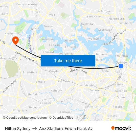 Hilton Sydney to Anz Stadium, Edwin Flack Av map