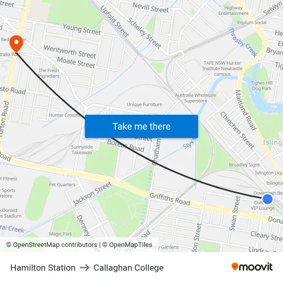 Hamilton Station to Callaghan College map