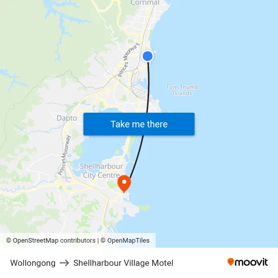 Wollongong to Shellharbour Village Motel map