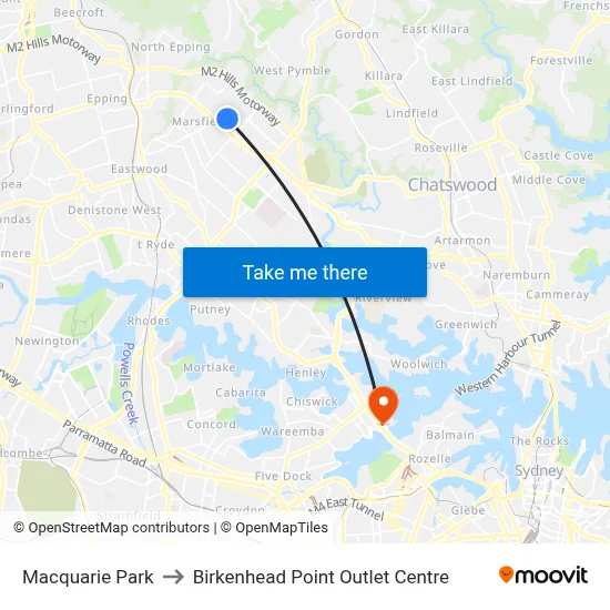 Macquarie Park to Birkenhead Point Outlet Centre map