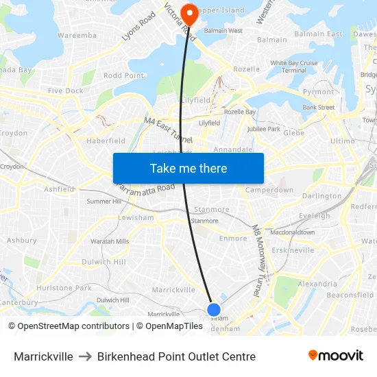 Marrickville to Birkenhead Point Outlet Centre map