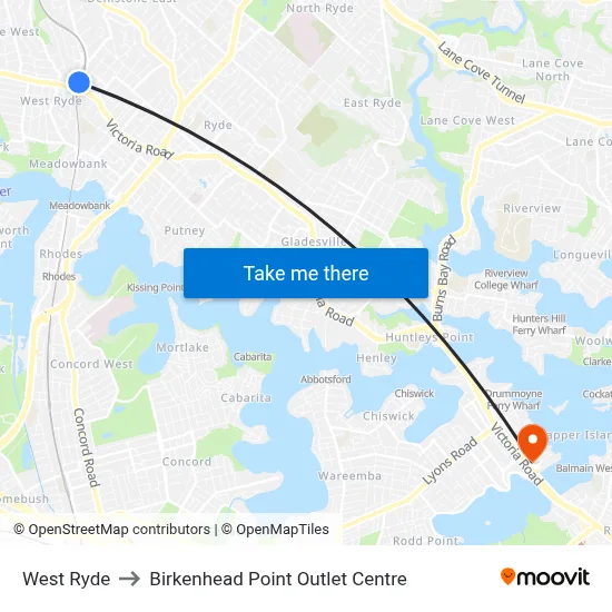 West Ryde to Birkenhead Point Outlet Centre map