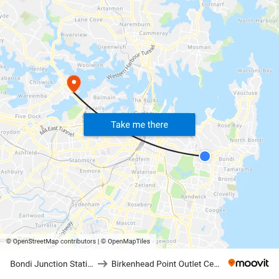 Bondi Junction Station to Birkenhead Point Outlet Centre map