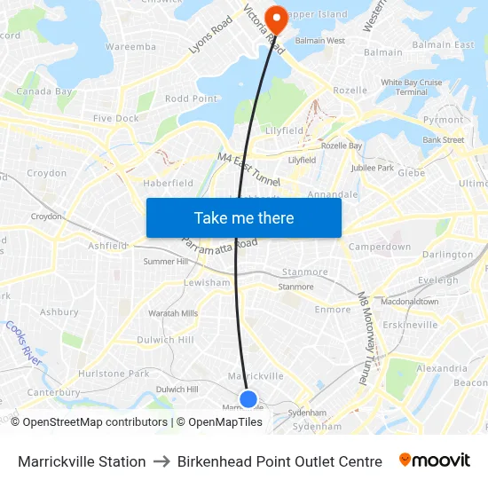 Marrickville Station to Birkenhead Point Outlet Centre map