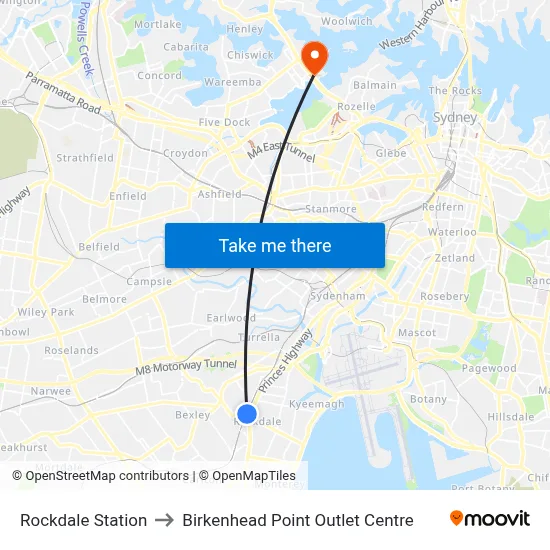 Rockdale Station to Birkenhead Point Outlet Centre map