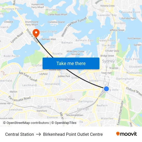 Central Station to Birkenhead Point Outlet Centre map