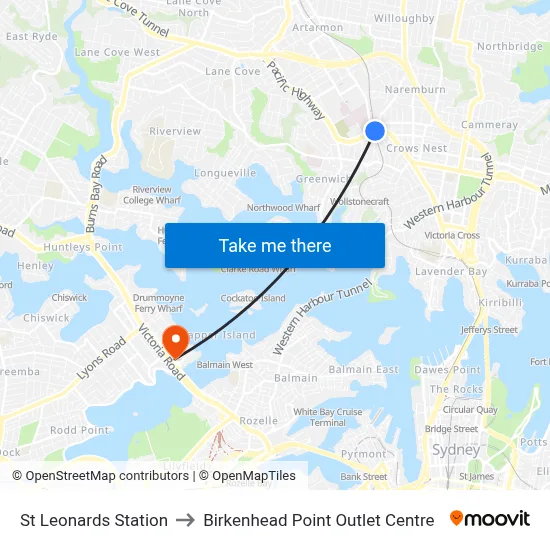 St Leonards Station to Birkenhead Point Outlet Centre map