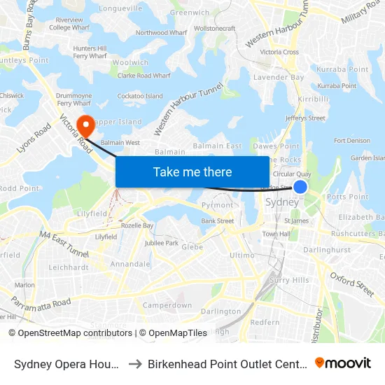 Sydney Opera House to Birkenhead Point Outlet Centre map