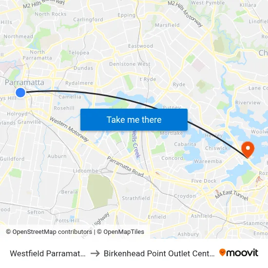 Westfield Parramatta to Birkenhead Point Outlet Centre map