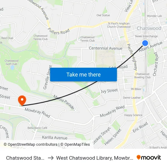 Chatswood Station to West Chatswood Library, Mowbray Rd map
