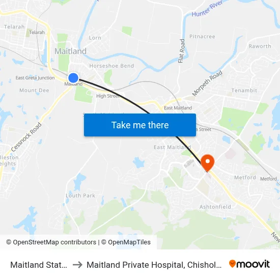Maitland Station to Maitland Private Hospital, Chisholm Rd map