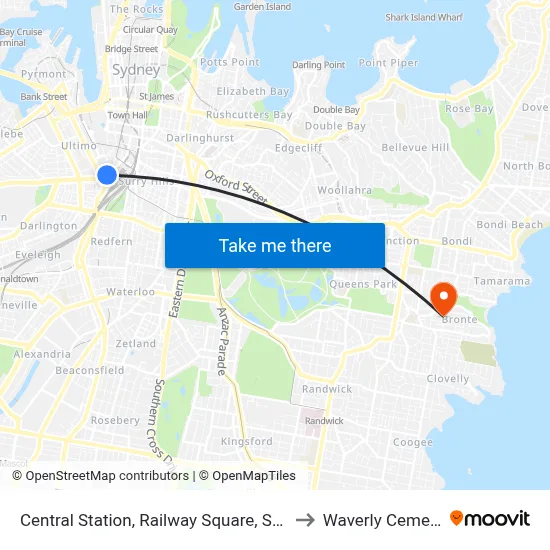 Central Station, Railway Square, Stand M to Waverly Cemetery map