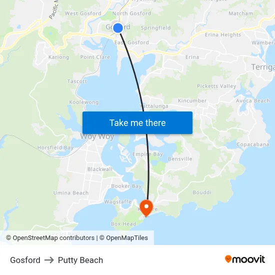 Gosford to Putty Beach map