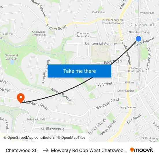 Chatswood Station to Mowbray Rd Opp West Chatswood Library map