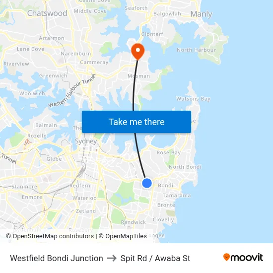 Westfield Bondi Junction to Spit Rd / Awaba St map
