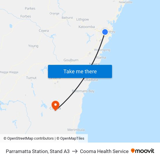Parramatta Station, Stand A3 to Cooma Health Service map