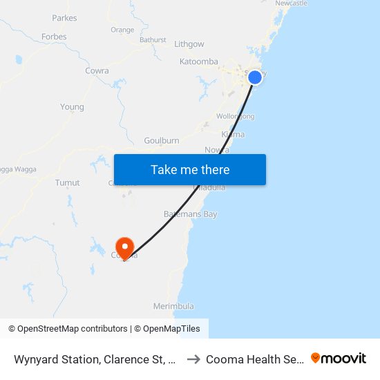 Wynyard Station, Clarence St, Stand Q to Cooma Health Service map