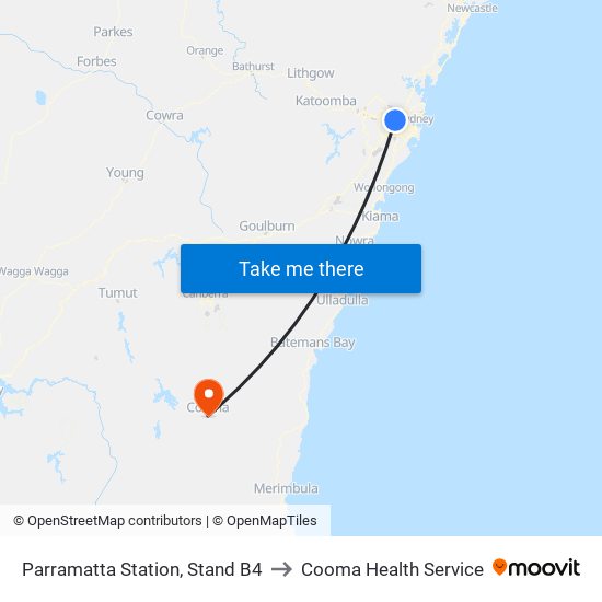 Parramatta Station, Stand B4 to Cooma Health Service map