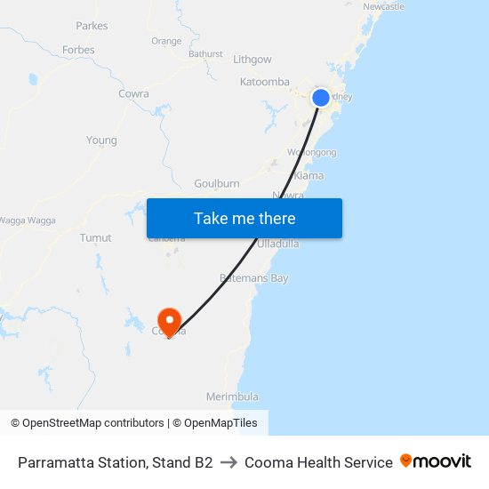 Parramatta Station, Stand B2 to Cooma Health Service map