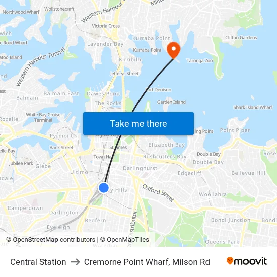 Central Station to Cremorne Point Wharf, Milson Rd map