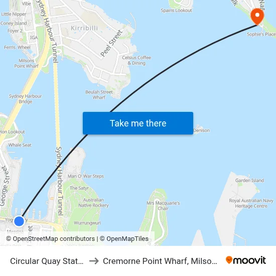 Circular Quay Station to Cremorne Point Wharf, Milson Rd map