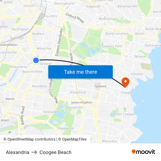 Alexandria to Coogee Beach map