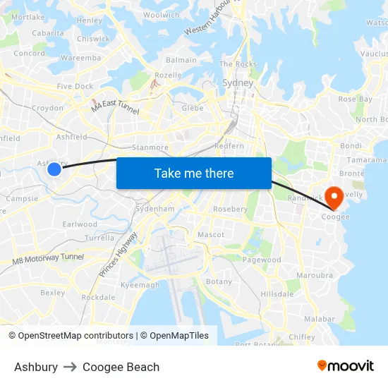 Ashbury to Coogee Beach map
