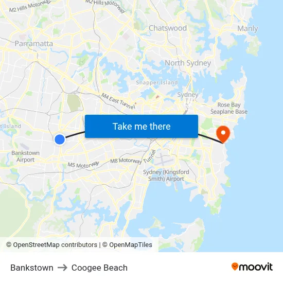 Bankstown to Coogee Beach map