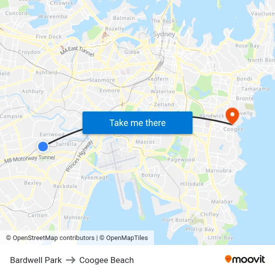 Bardwell Park to Coogee Beach map