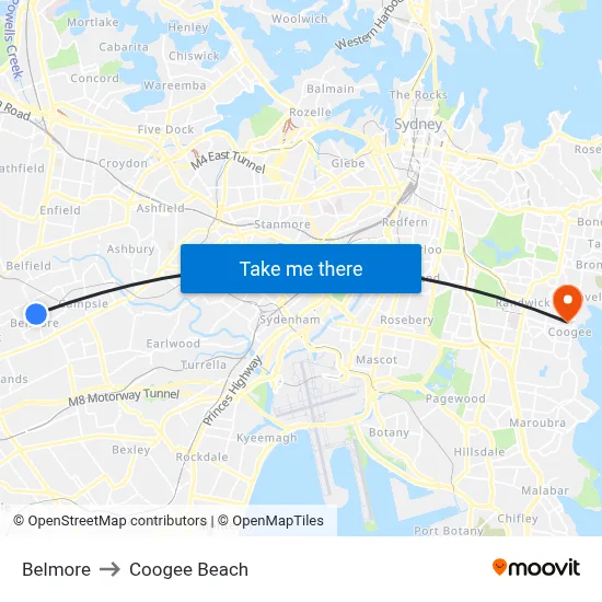 Belmore to Coogee Beach map