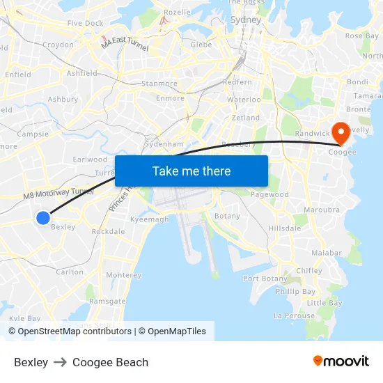 Bexley to Coogee Beach map