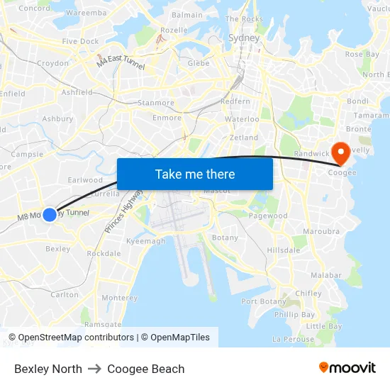 Bexley North to Coogee Beach map