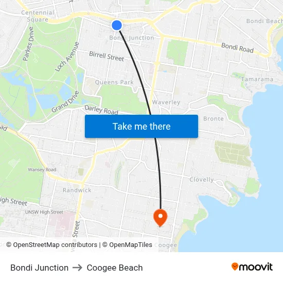 Bondi Junction to Coogee Beach map