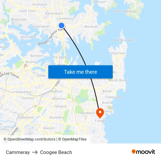 Cammeray to Coogee Beach map