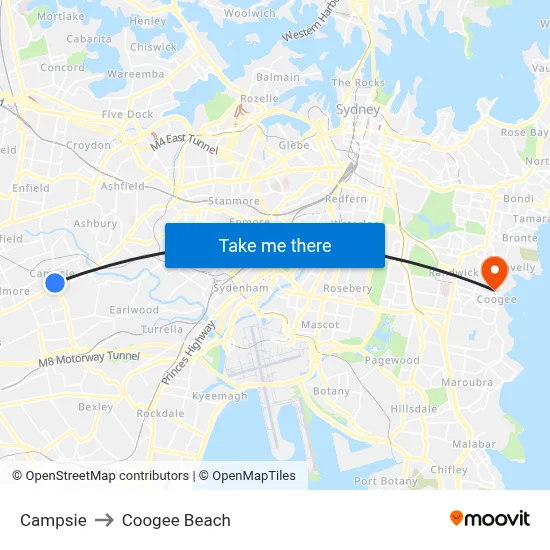 Campsie to Coogee Beach map