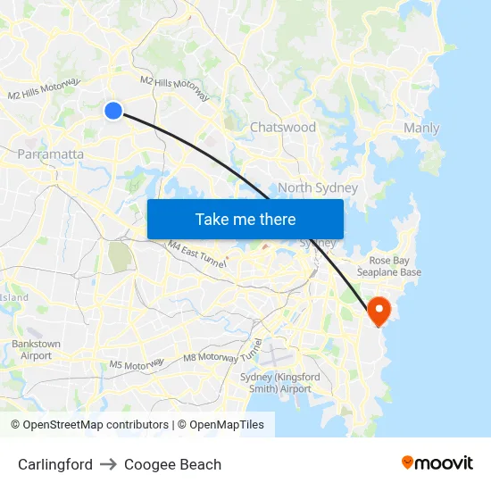Carlingford to Coogee Beach map