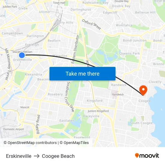 Erskineville to Coogee Beach map