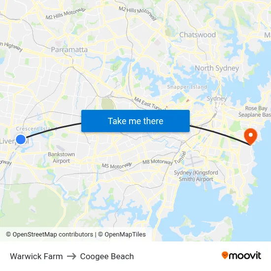 Warwick Farm to Coogee Beach map