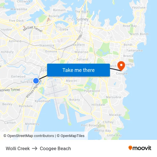 Wolli Creek to Coogee Beach map