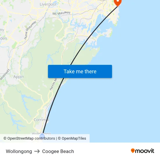 Wollongong to Coogee Beach map