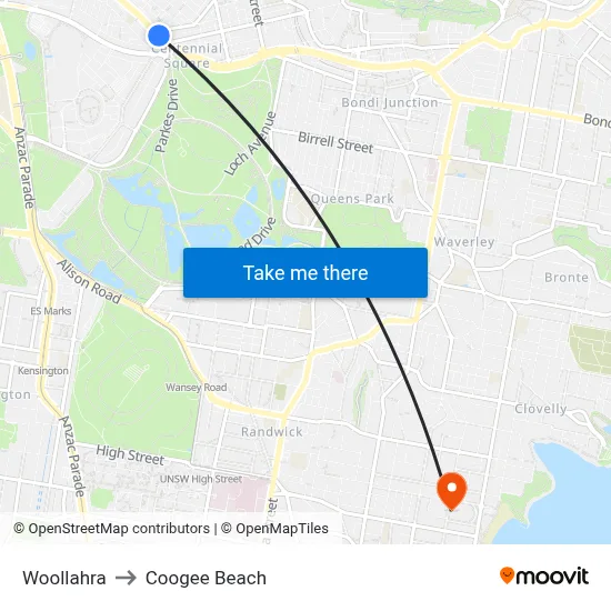 Woollahra to Coogee Beach map