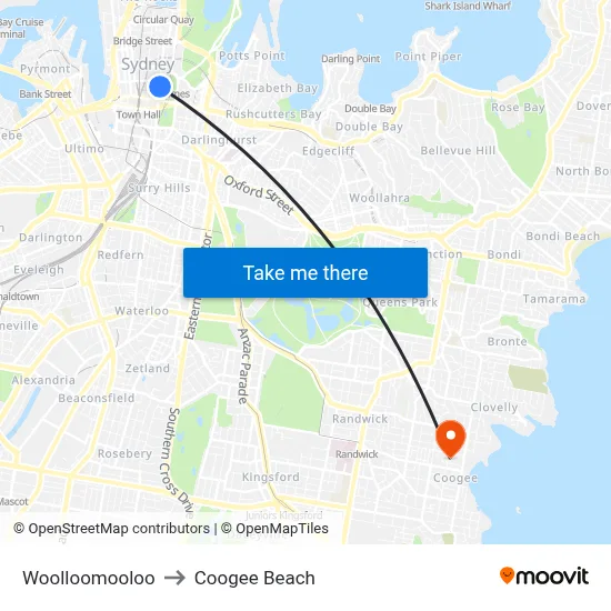Woolloomooloo to Coogee Beach map