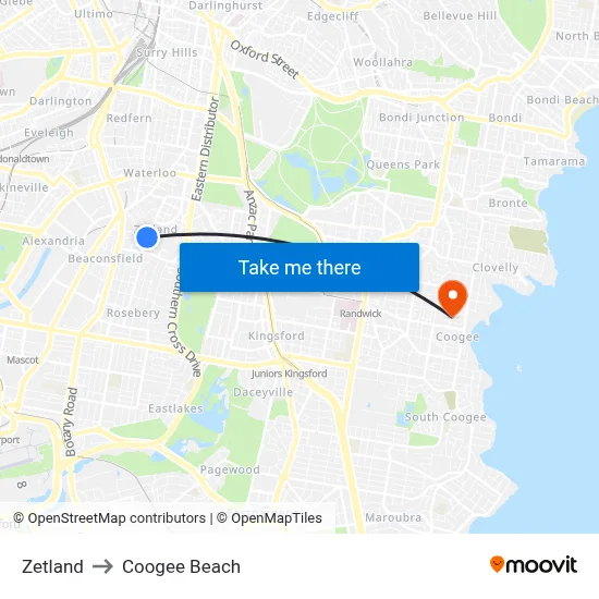 Zetland to Coogee Beach map