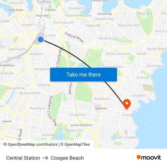 Central Station to Coogee Beach map