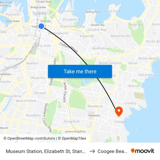 Museum Station, Elizabeth St, Stand D to Coogee Beach map