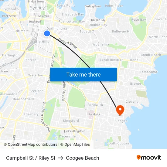 Campbell St / Riley St to Coogee Beach map