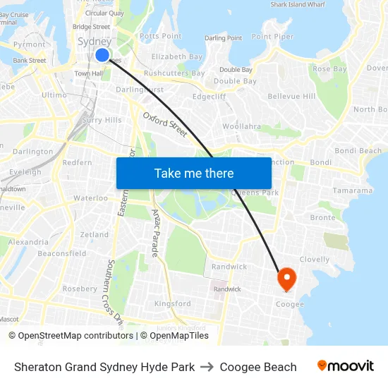 Sheraton Grand Sydney Hyde Park to Coogee Beach map